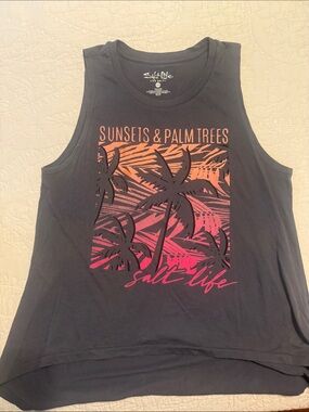 Salt Life Charcoal Tank with Orange-Pink Sunset Palm Print